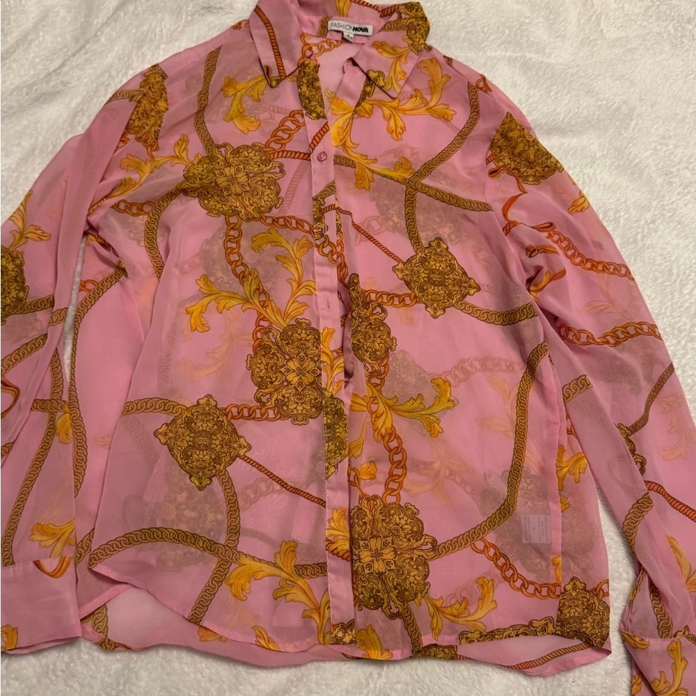 Print Sheer Button-Up Blouse (Size S)